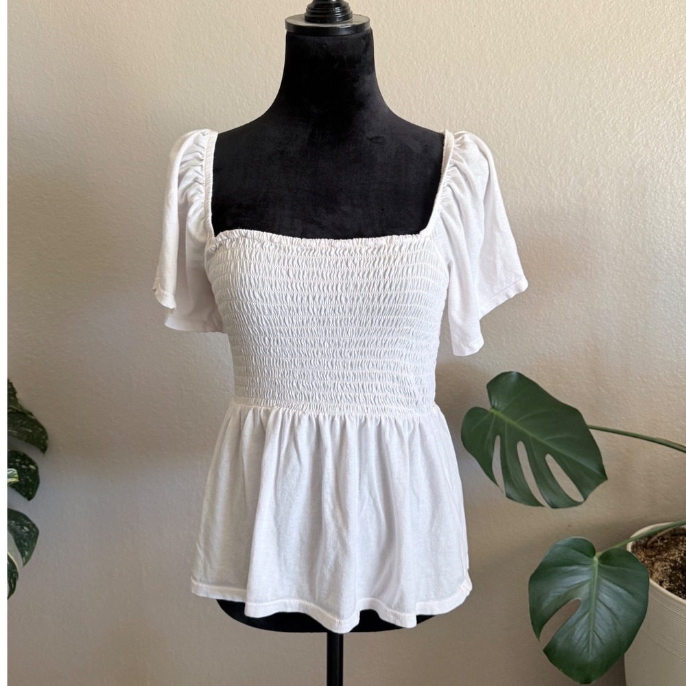 Bobi Los Angeles White Smocked Peplum Top Short Puff Sleeve Square Neck Small